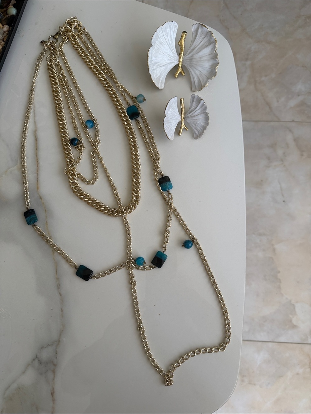 Luisa Spagnoli Gold-Tone Multi-Strand Necklace with Teal Beads